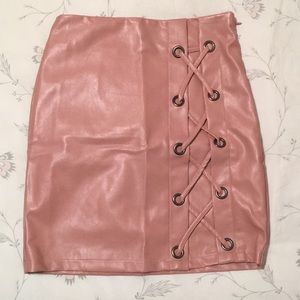 NWOT Pink lace up leather skirt!